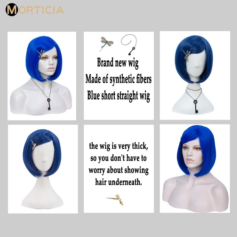 MORTICIA Short Straight Blue Women Bob Full Bang with Gold Dragonfly Hairpin (Adult) - Image 5
